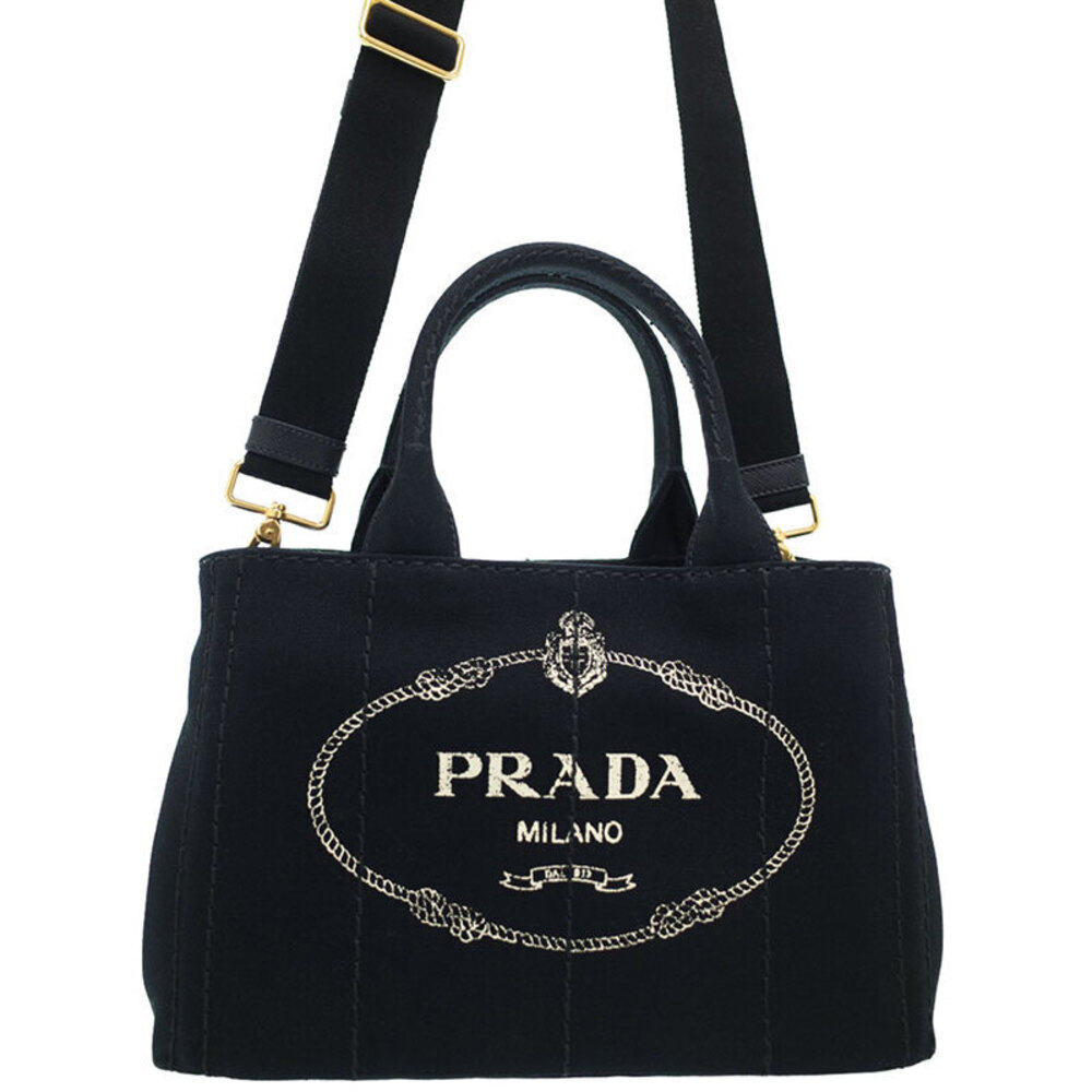 Prada Convertible Handle Bag Black Canapa Top Tote 2way Shoulder - Picture 2 of 9